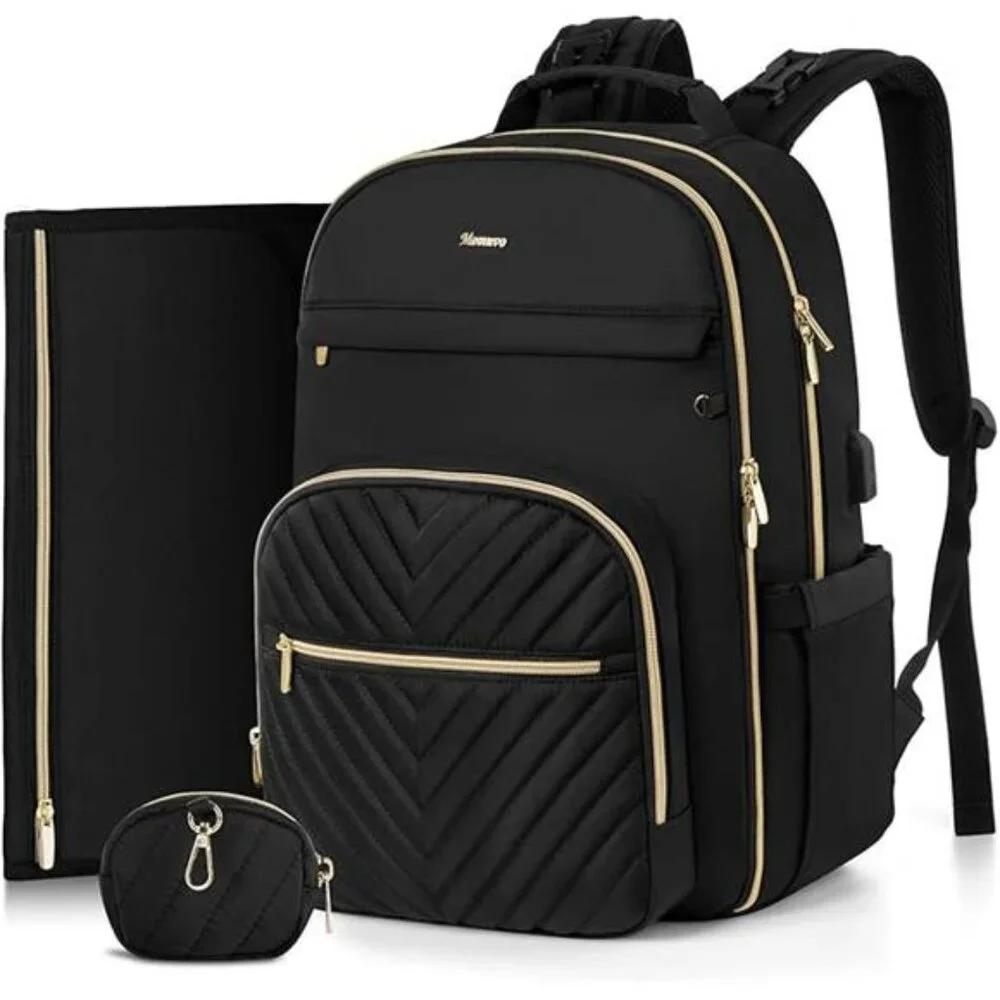 MOMUVO Diaper Bag Backpack, Quilted Baby Bag with Changing Pad & Stroller